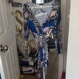 VENUS Blue & Black Abstract Wrap Blouse with Pink Accents